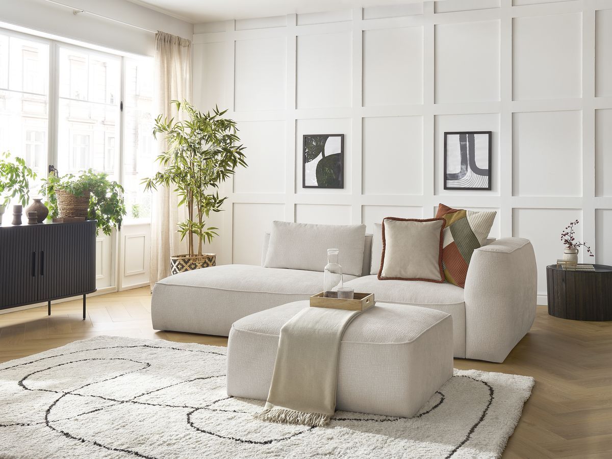 Bobochic Leopold Sofa 4-Sitzer mit Pouf Strukturstoff Beige Armlehne rechts