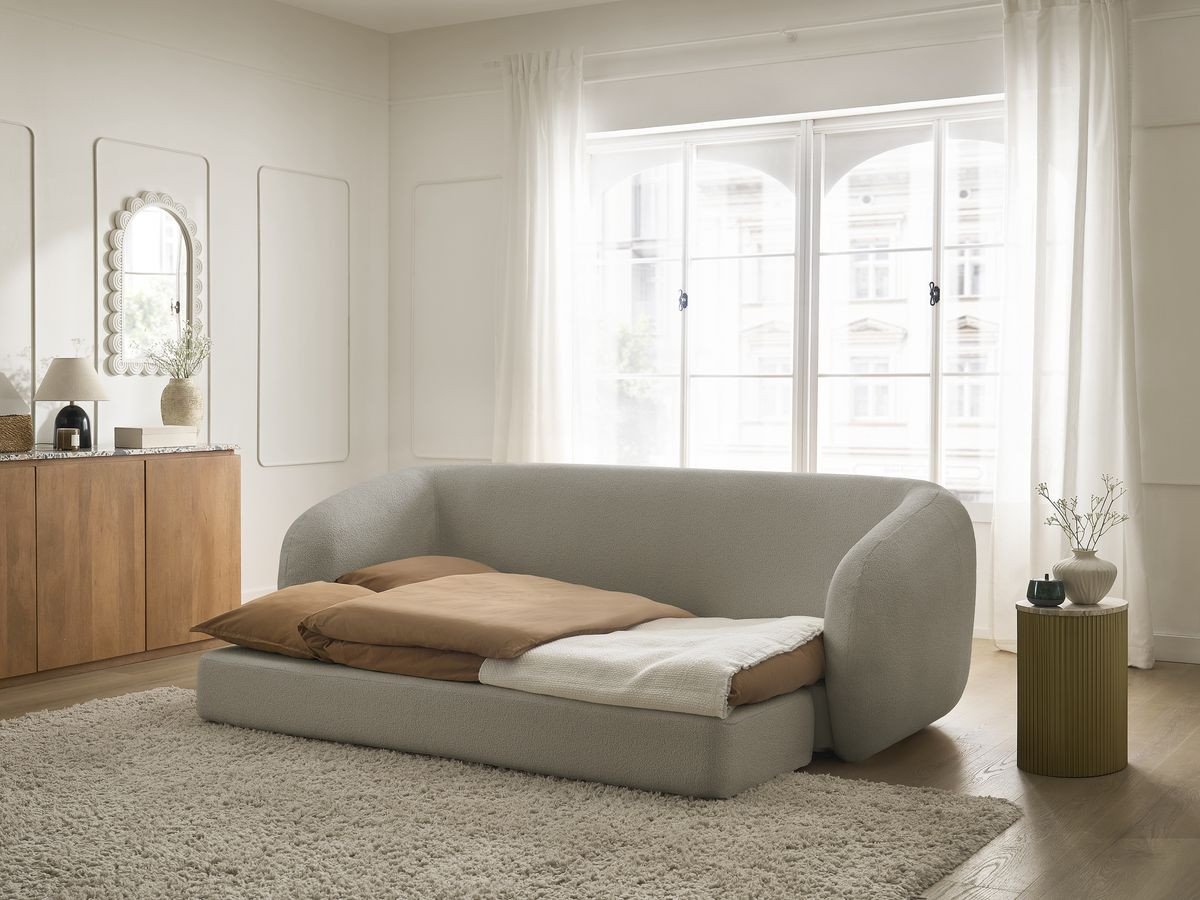 Bobochic Neyo Schlafsofa 3-Sitzer Bouclé-Stoff Taupe