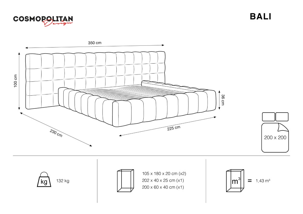 Cosmopolitan Design Stauraumbett mit doppeltem Kopfteil Bali 200x200 Samt Bluvel Königsblau