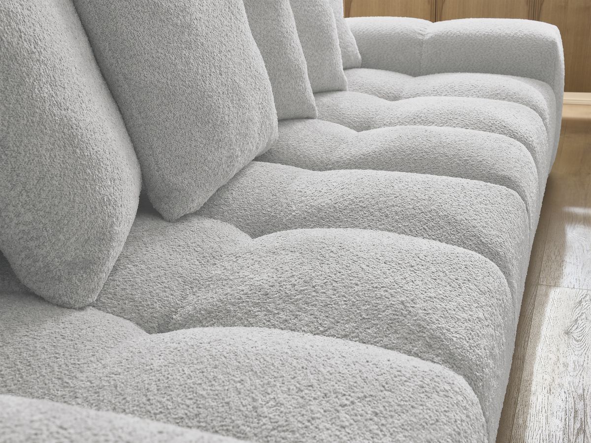 Bobochic Anakin Schlafsofa 3-Sitzer mit Bettkasten und Pouf, 6 Kissen Bouclé-Stoff Hellgrau