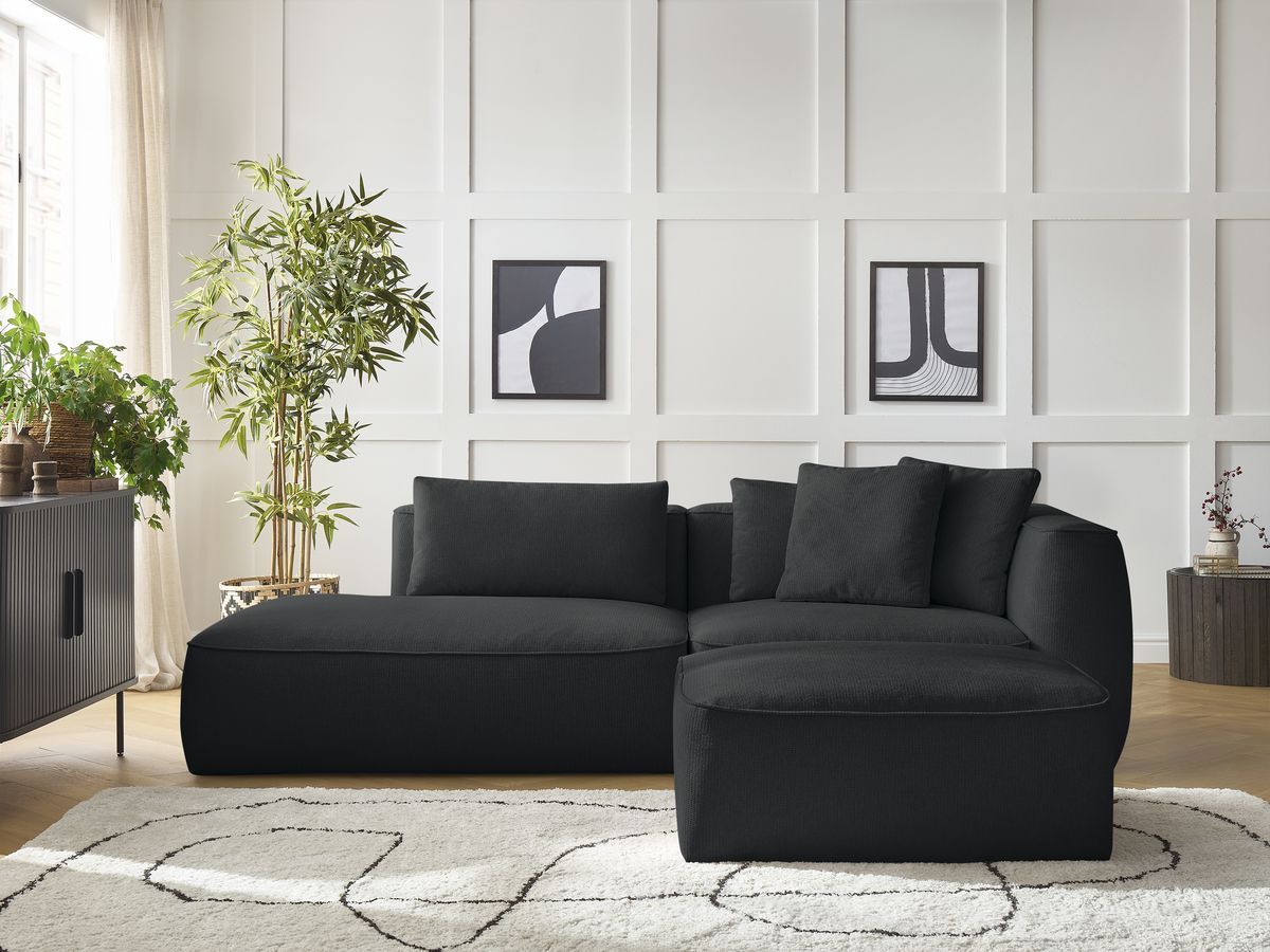 Bobochic Leopold Sofa 4-Sitzer mit Pouf Melange-Stoff Schwarz Armlehne rechts