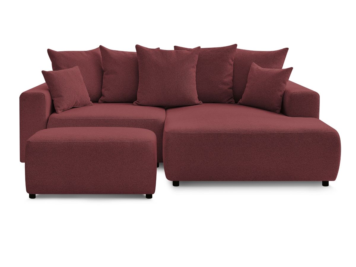 Bobochic Atilla Ecksofa mit Schlaffunktion und Bettkasten und Pouf Melange-Stoff Rot Ecke rechts
