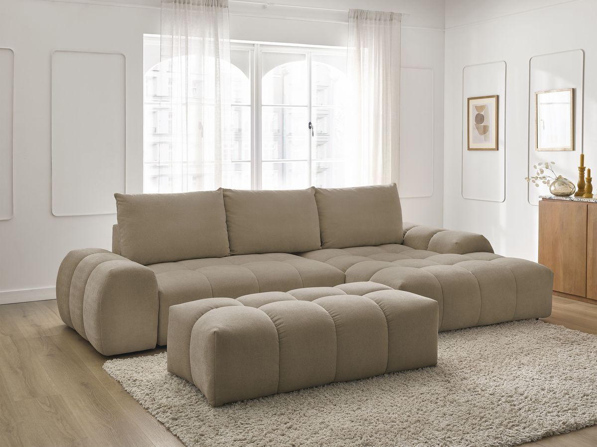 Bobochic Everest Ecksofa mit Schlaffunktion und Bettkasten und Pouf 318 × 180 cm, 3 Kissen Strukturstoff Taupe Ecke rechts
