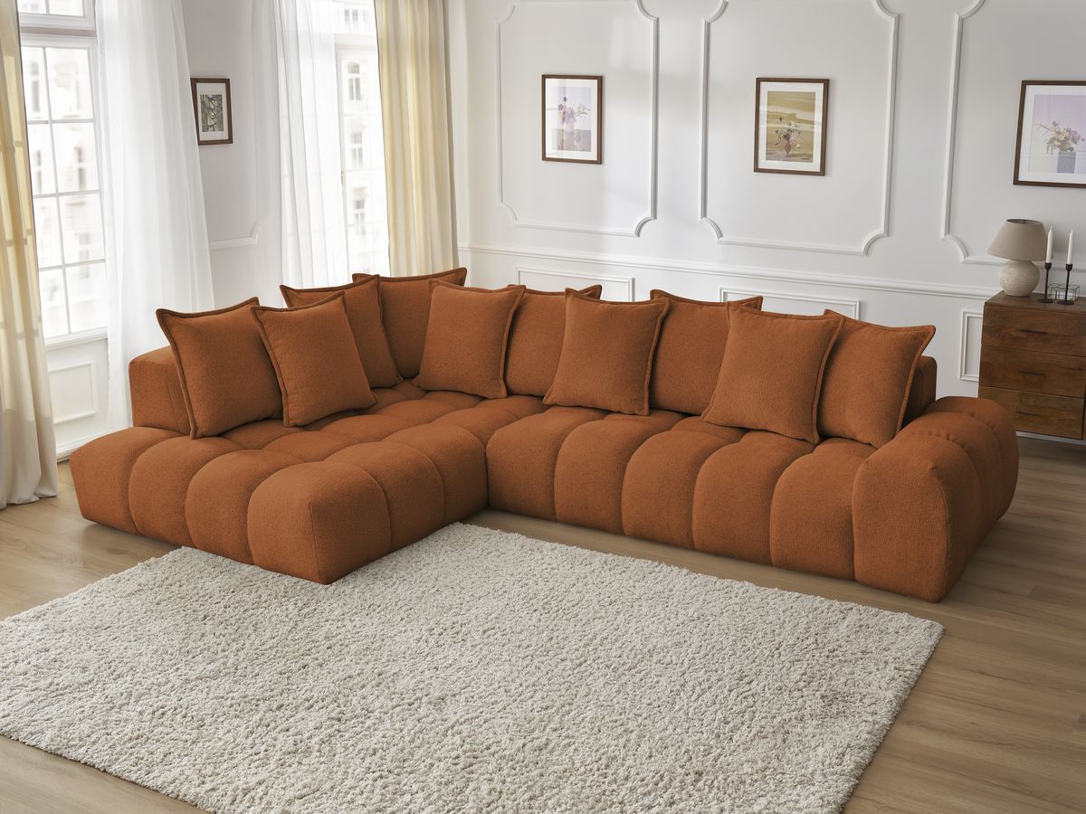 Bobochic Everest Ecksofa, 10 Kissen Melange-Stoff Orange Ecke links
