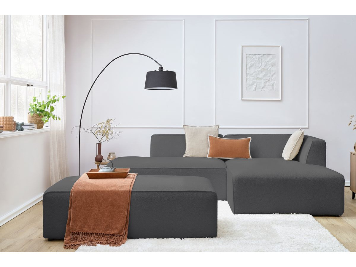 Bobochic Megeve Ecksofa mit Schlaffunktion und Pouf Bouclé-Stoff Dunkelgrau Ecke rechts