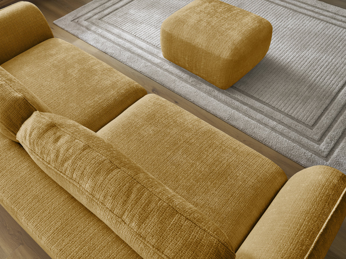Bobochic Denise Schlafsofa 3-Sitzer mit Bettkasten und Pouf Strukturstoff Gelb
