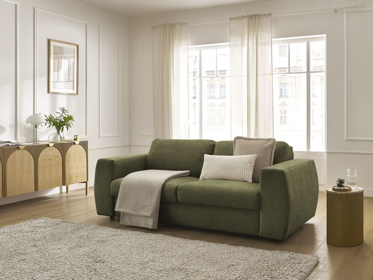 Bobochic Hugo Schlafsofa 3-Sitzer Strukturstoff Grün, Liegefläche 140 × 190 cm