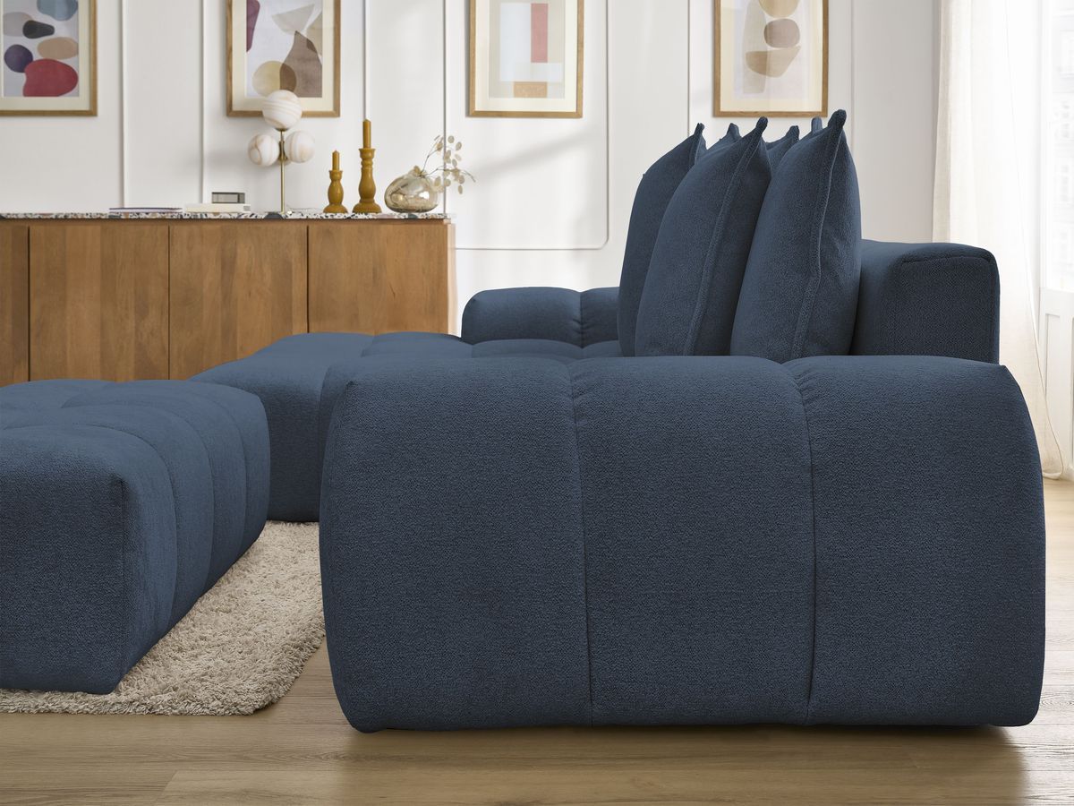 Bobochic Everest Ecksofa mit Schlaffunktion und Bettkasten und Pouf 318 × 180 cm, 7 Kissen Melange-Stoff Dunkelblau Ecke links