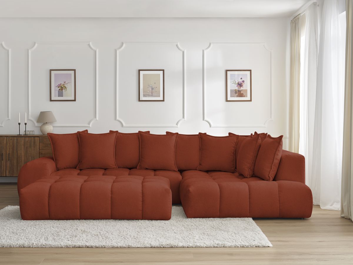 Bobochic Everest Ecksofa mit Schlaffunktion und Pouf, 10 Kissen Strukturstoff Orange Ecke rechts