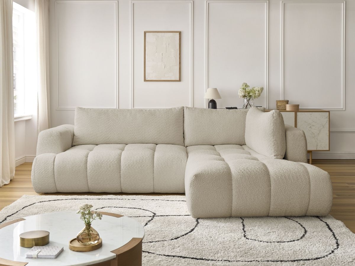 Bobochic Fuji Ecksofa mit Schlaffunktion und Bettkasten 282 × 204 cm Bouclé-Stoff Beige Ecke rechts