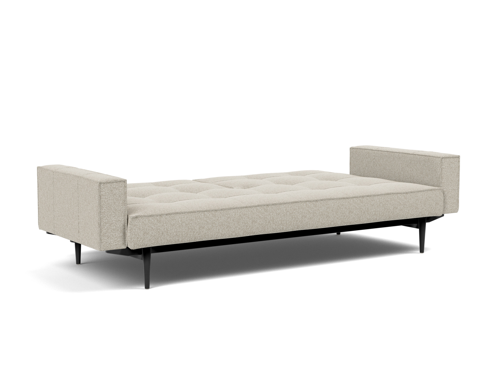Schlafsofa Splitback mit Armlehnen Boucle Skandi 539-Beige Beine Styletto Eiche schwarz