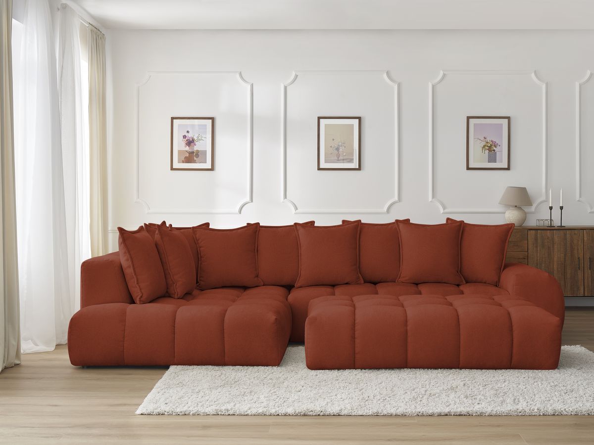 Bobochic Everest Ecksofa mit Schlaffunktion und Pouf, 10 Kissen Strukturstoff Orange Ecke links