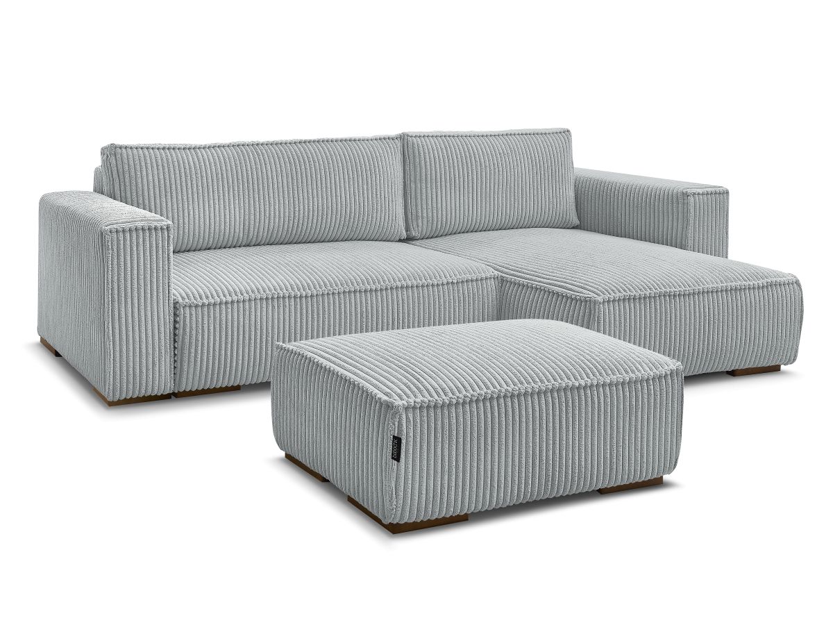 Bobochic Chelsea Ecksofa mit Schlaffunktion und Bettkasten und Pouf Breitcord weich Hellgrau