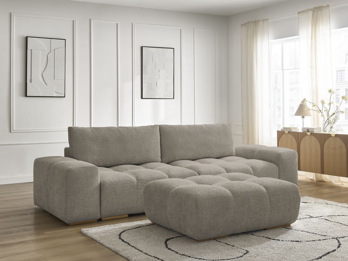 Bobochic Anakin Sofa 3-Sitzer mit Pouf, 2 Kissen Bouclé-Stoff Taupe
