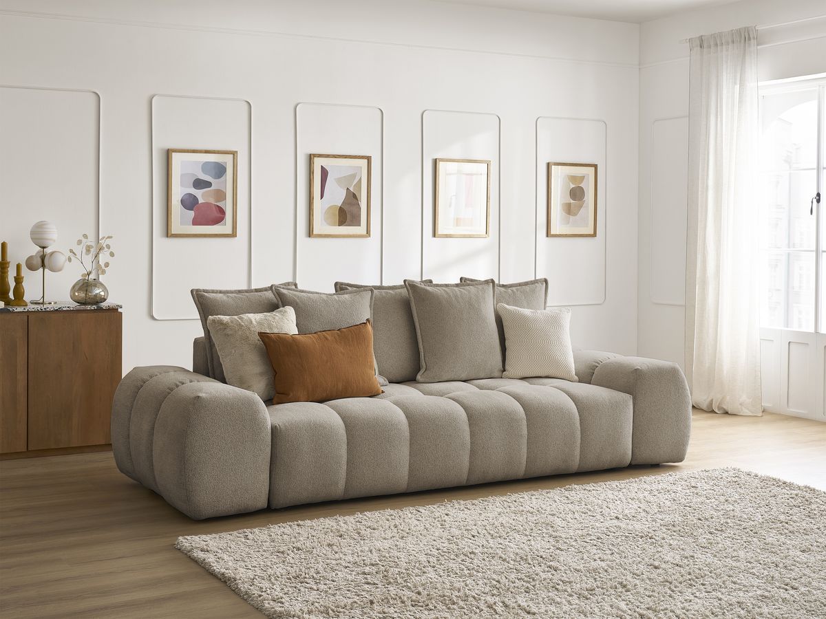 Bobochic Everest Sofa 3-Sitzer, 5 Kissen Melange-Stoff Taupe