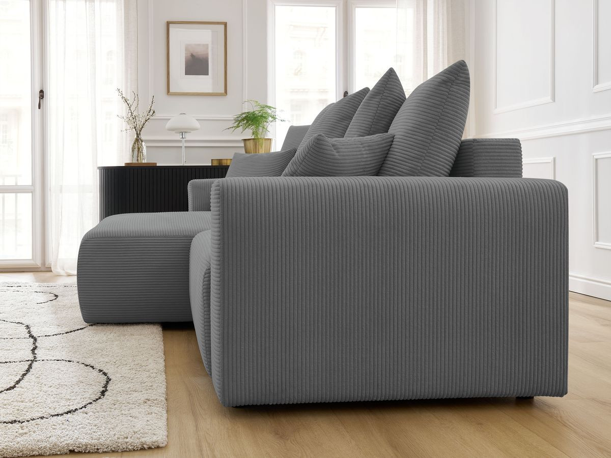 Bobochic Atilla Ecksofa mit Schlaffunktion und Bettkasten Cordsamt Dunkelgrau Ecke links
