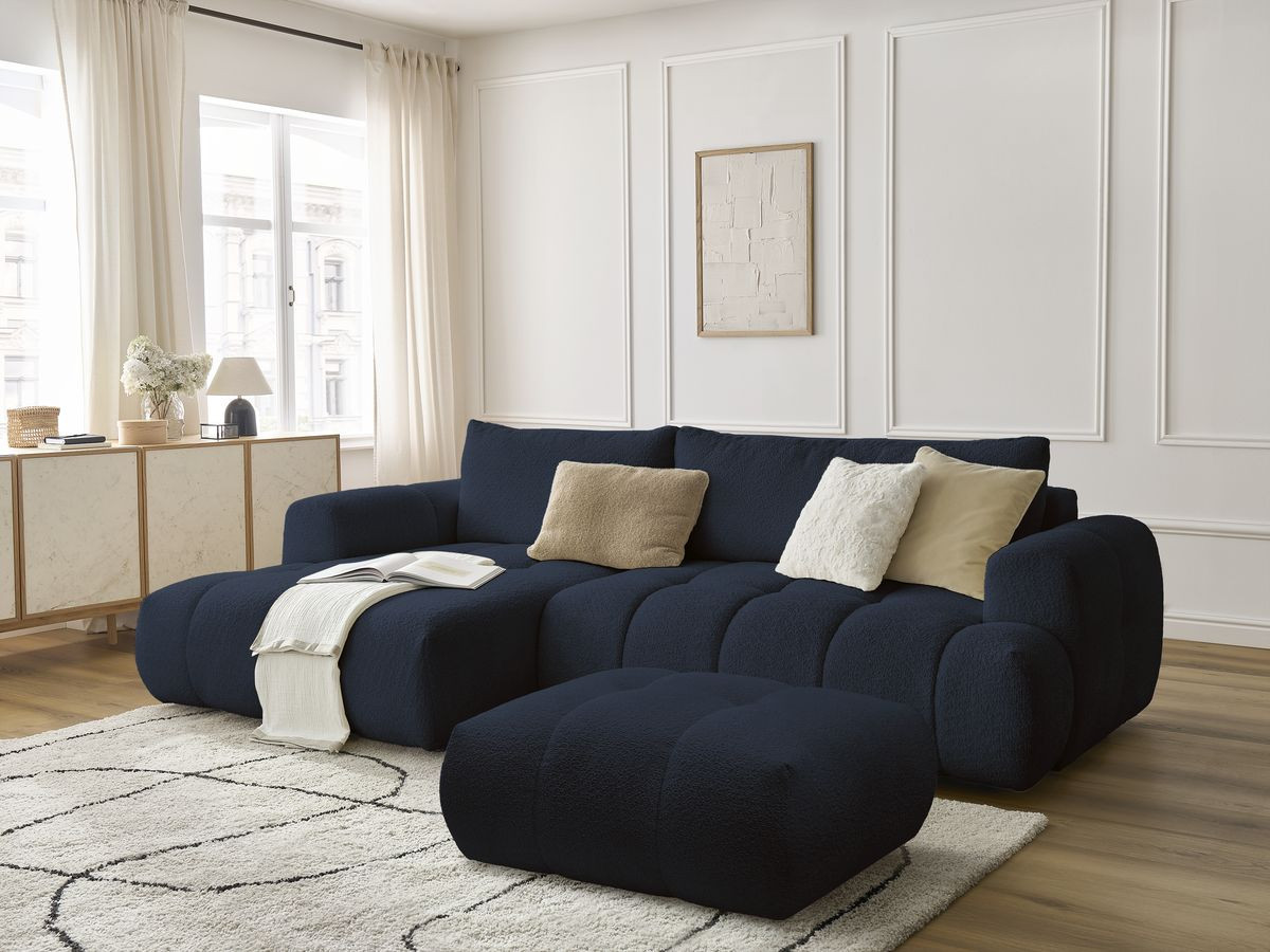 Bobochic Fuji Ecksofa mit Schlaffunktion und Bettkasten und Pouf 292 × 160 cm Bouclé-Stoff Dunkelblau Ecke links