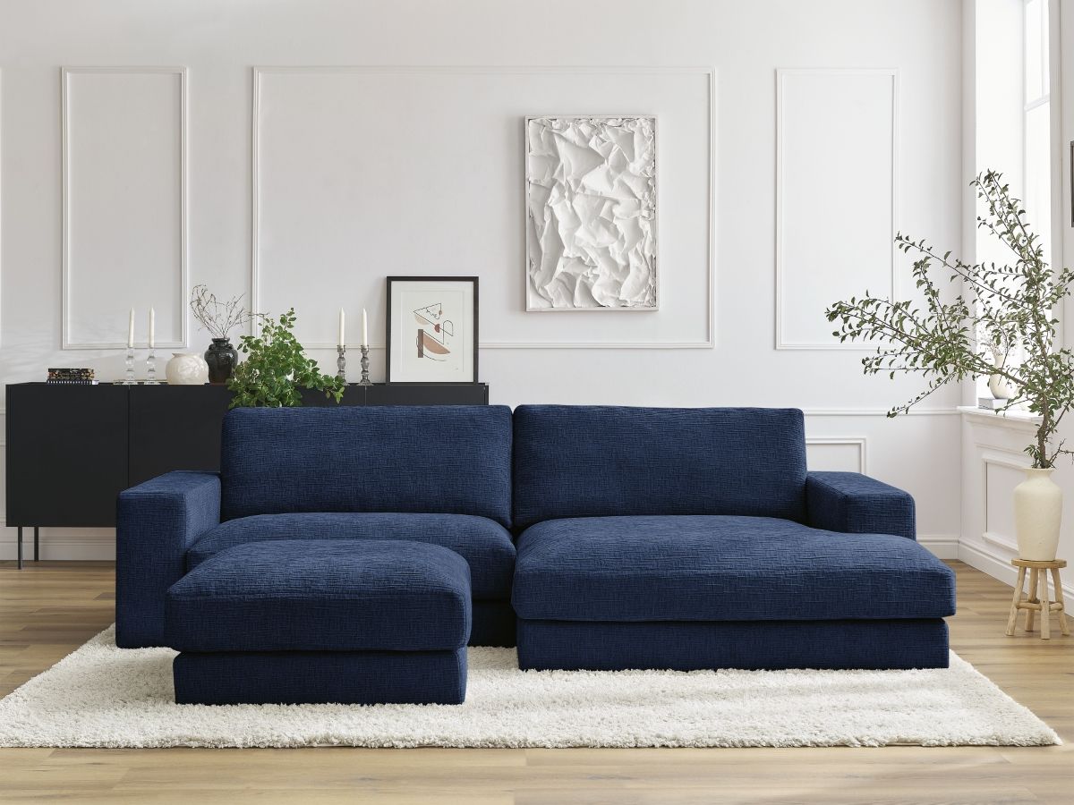 Bobochic Leonard Ecksofa mit Pouf 234 × 159 cm Strukturstoff Dunkelblau Ecke rechts
