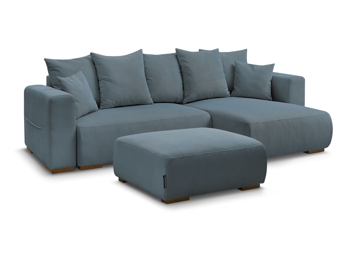 Bobochic Sidonie Ecksofa mit Schlaffunktion und Bettkasten und Pouf Cordsamt Dunkelblau