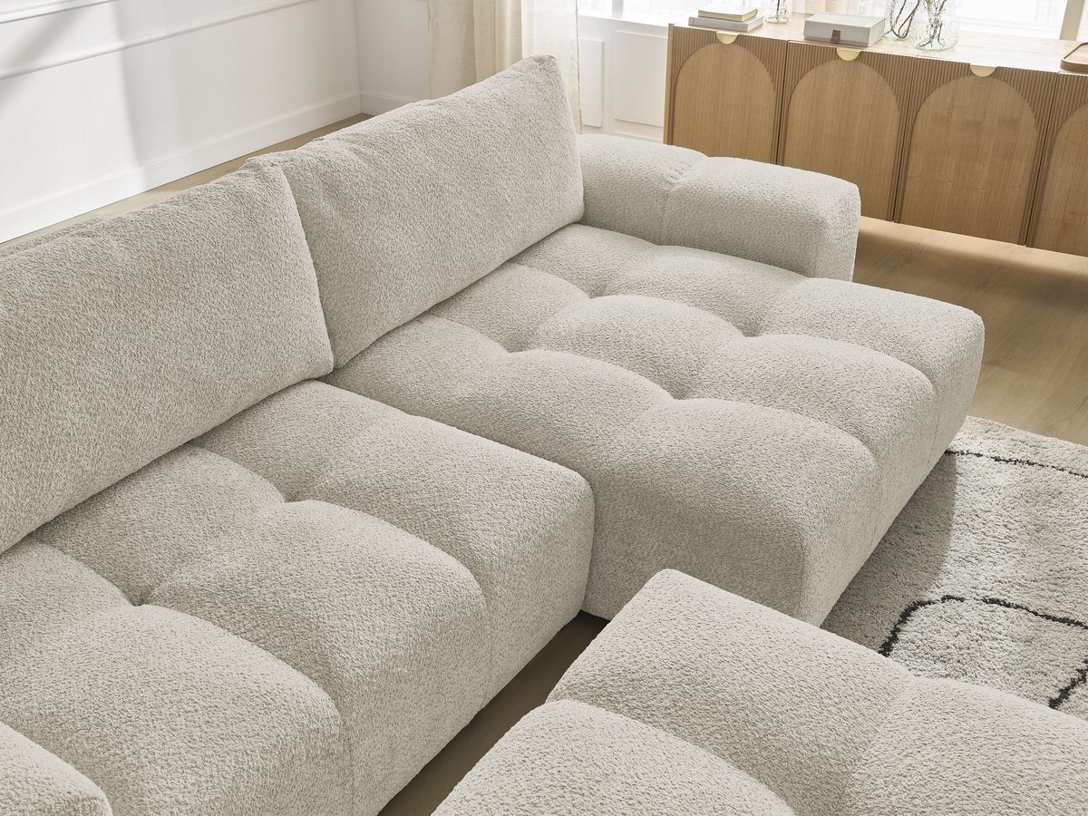 Bobochic Anakin Ecksofa mit Pouf, 2 Kissen Bouclé-Stoff Beige