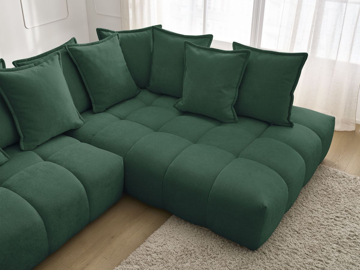Bobochic Everest Ecksofa mit Schlaffunktion und Bettkasten 320 × 212 cm, 10 Kissen Strukturstoff Grün Ecke rechts