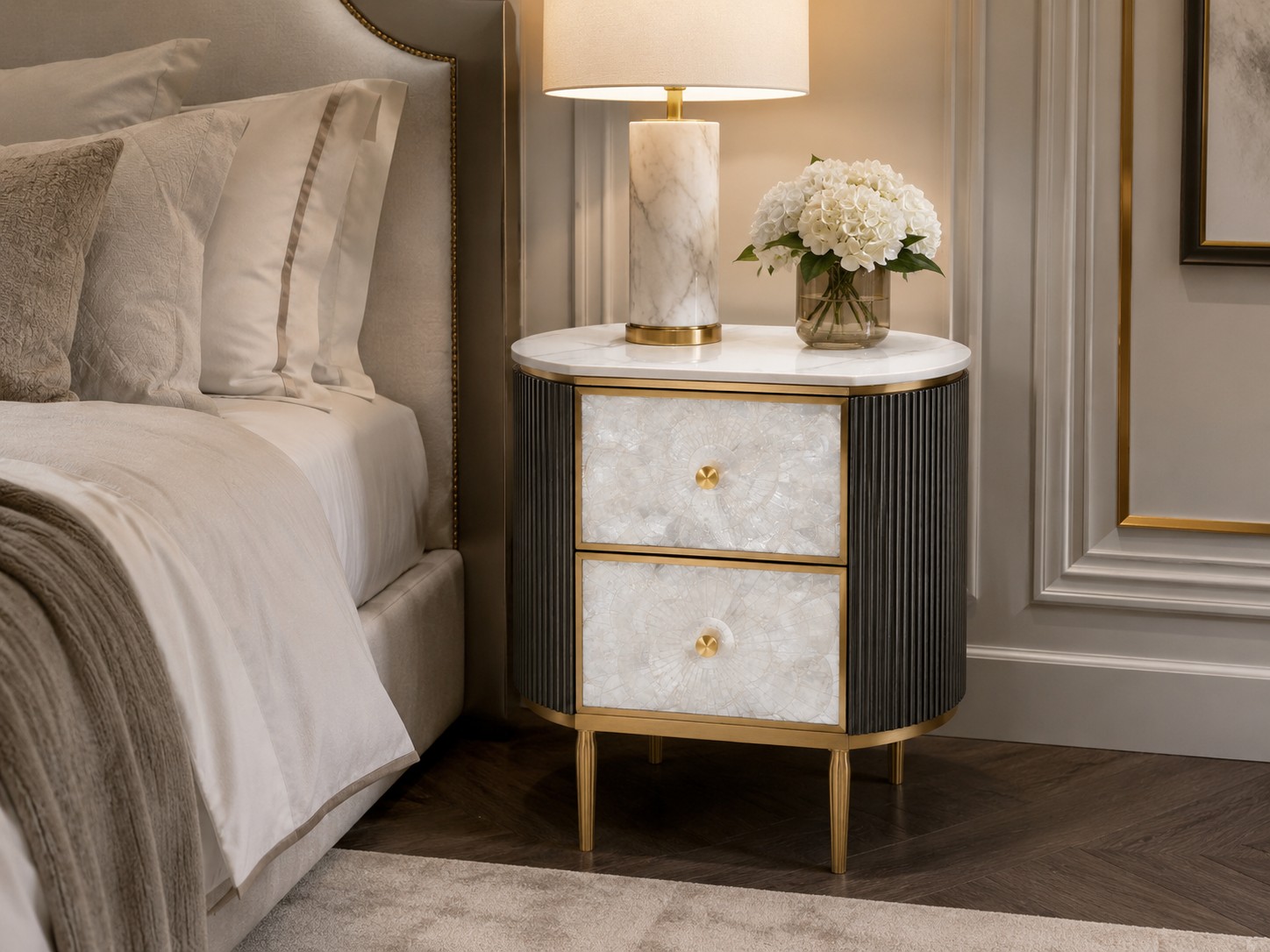 Livin Hill Nachttisch Stilig Bedroom 55 cm Dunkles Metallic-Braungrau, Platte Weiß