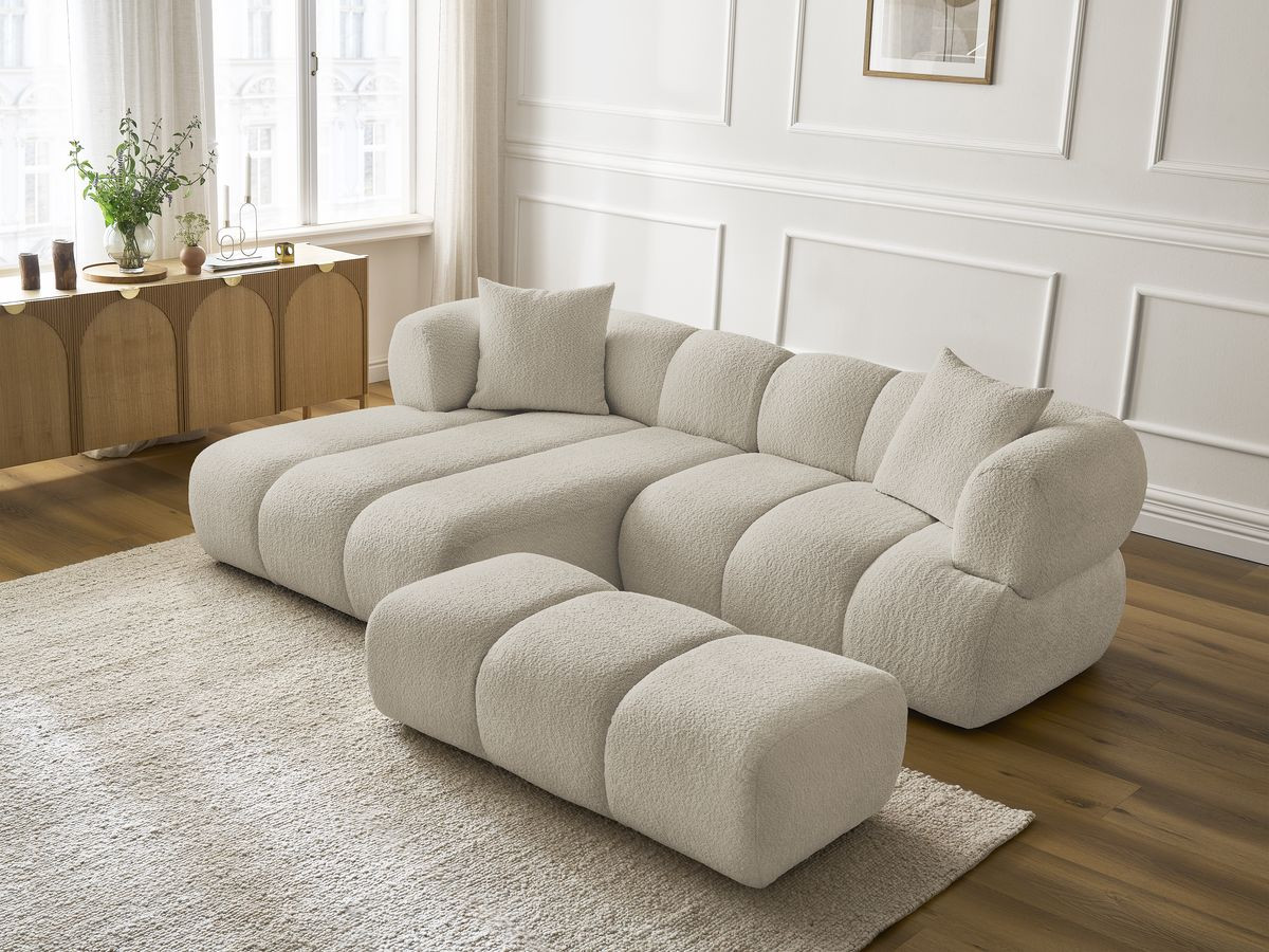 Bobochic Pamira Ecksofa mit Pouf Bouclé-Stoff Beige Ecke links