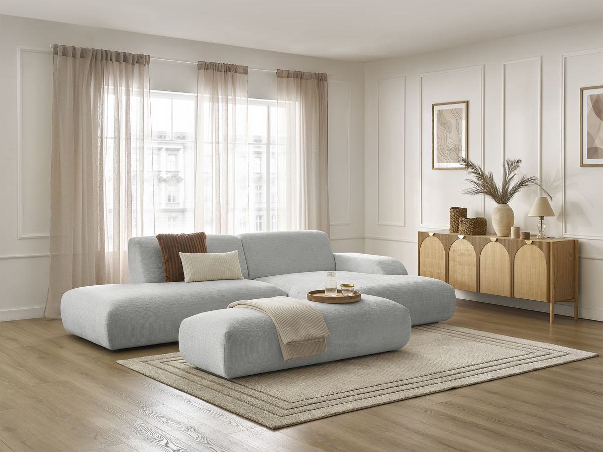 Bobochic Sirius Ecksofa mit Pouf 300 × 170 cm Strukturstoff Hellgrau Ecke rechts