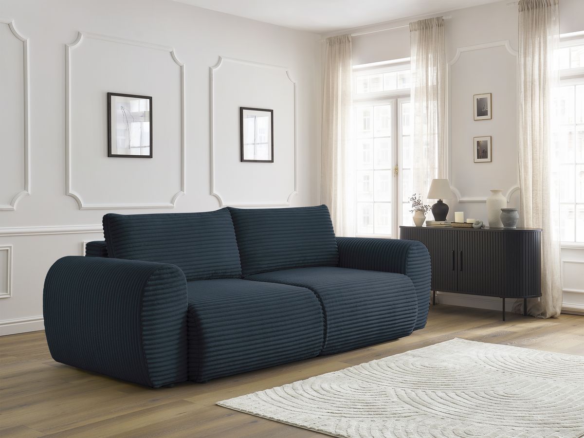 Bobochic Lucien Schlafsofa 3-Sitzer mit Bettkasten Breitcord weich Dunkelblau