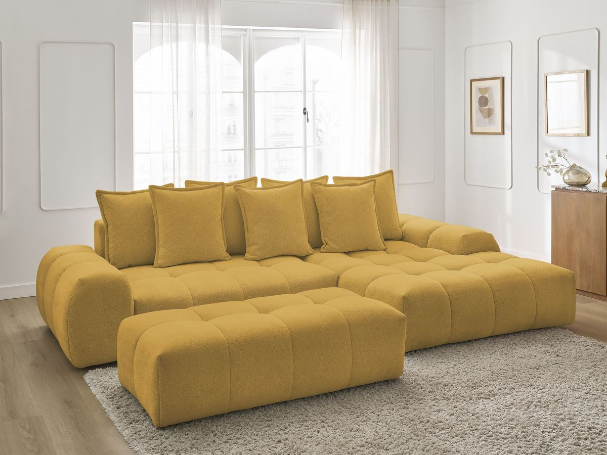 Bobochic Everest Ecksofa mit Schlaffunktion und Bettkasten und Pouf 318 × 180 cm, 7 Kissen Melange-Stoff Gelb Ecke rechts