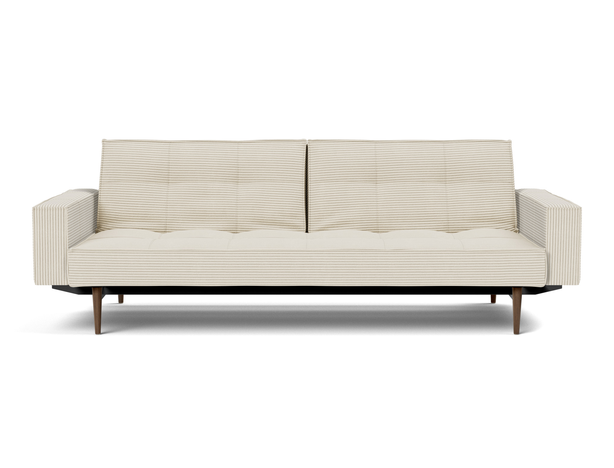 Schlafsofa Splitback mit Armlehnen Kord Corduroy 594-Ivory Beine Styletto Eiche dunkel