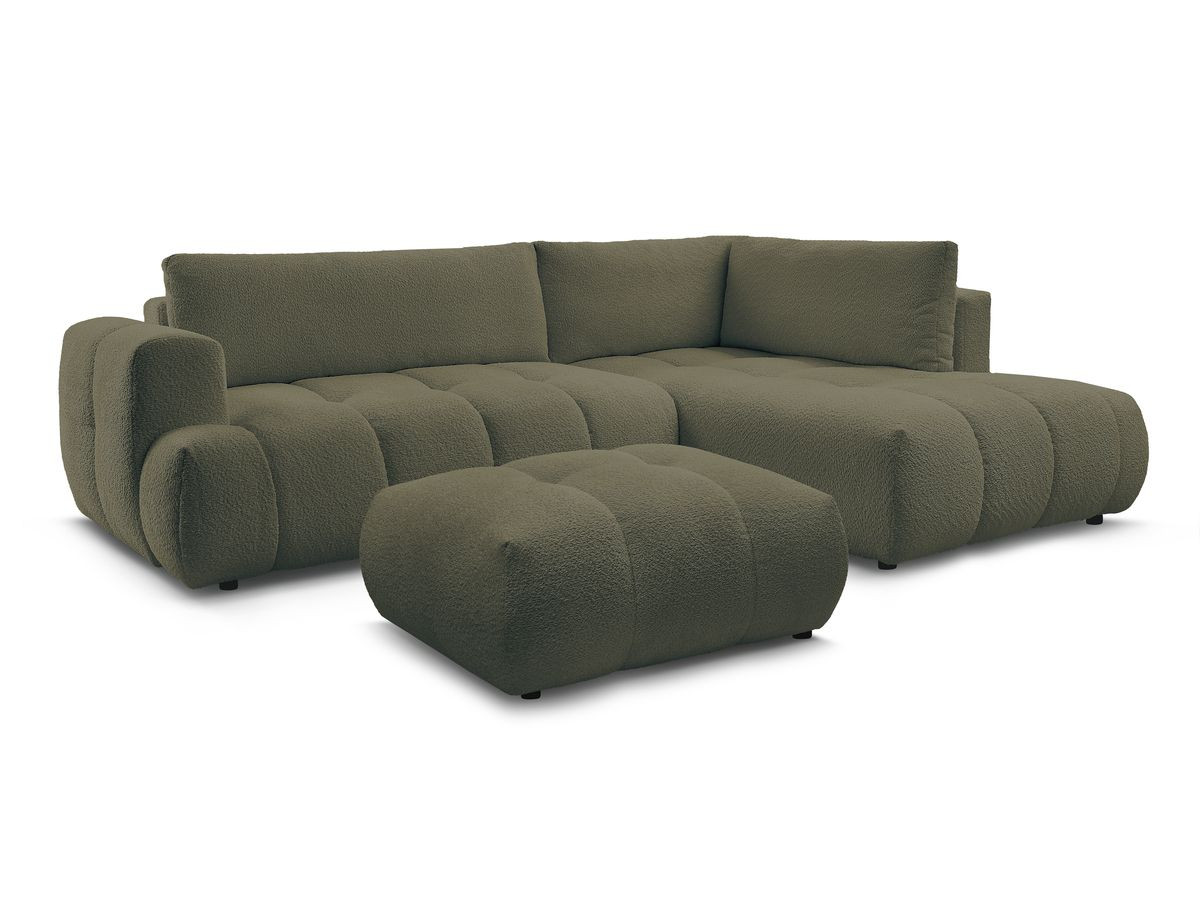 Bobochic Fuji Ecksofa mit Schlaffunktion und Bettkasten und Pouf 282 × 204 cm Bouclé-Stoff Grün Ecke rechts