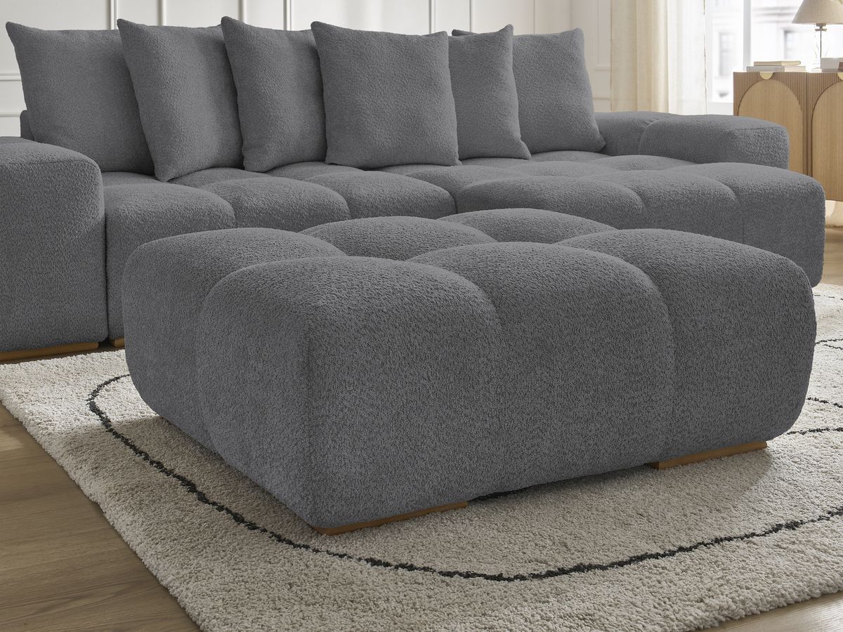 Bobochic Anakin Ecksofa mit Pouf, 6 Kissen Bouclé-Stoff Dunkelgrau