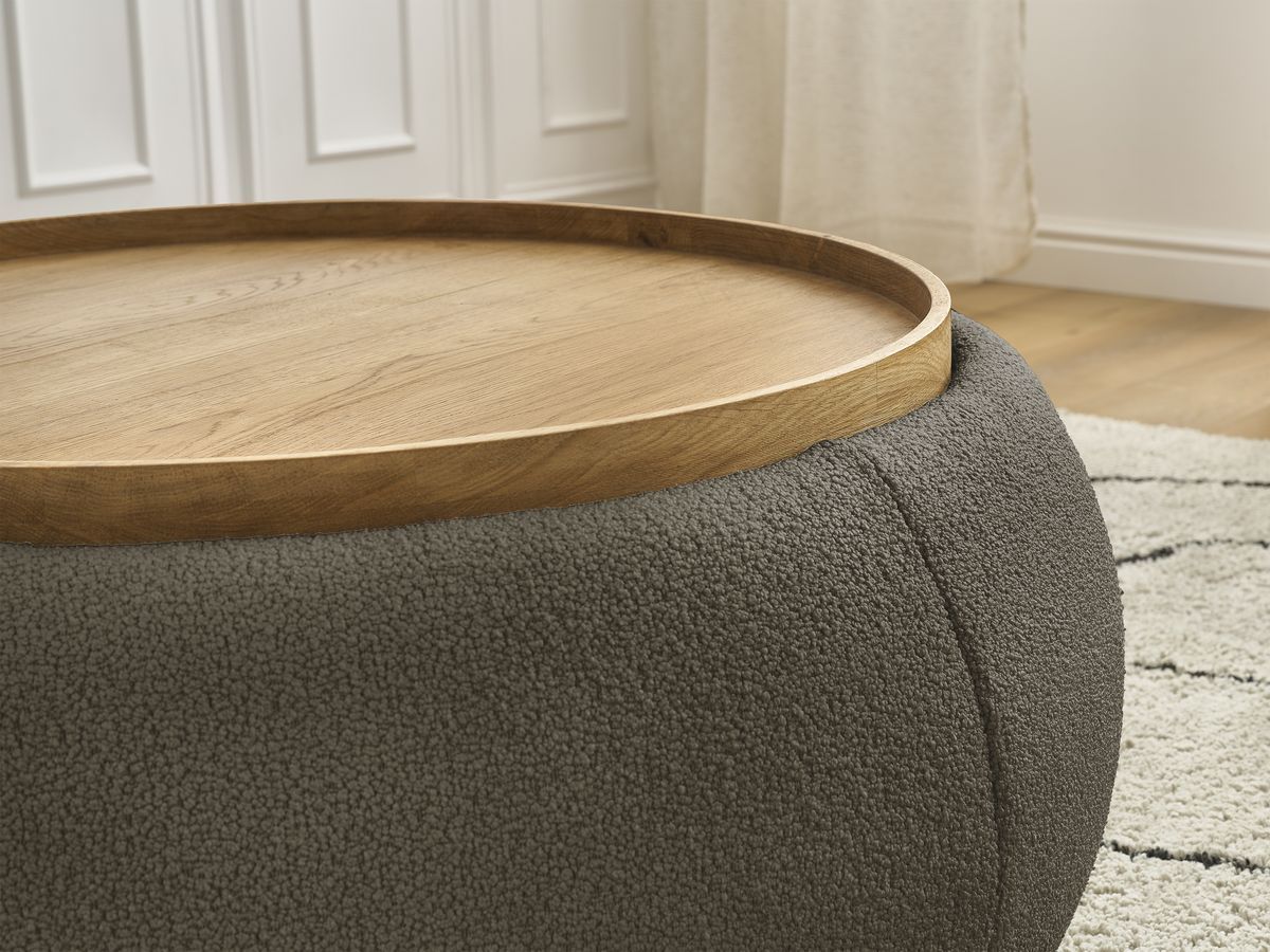 Bobochic Hayden Pouf mit Tablett, rund Bouclé-Stoff Braun, 87 cm