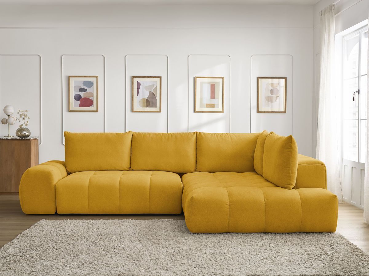 Bobochic Everest Ecksofa mit Schlaffunktion und Bettkasten 320 × 212 cm, 5 Kissen Strukturstoff Gelb Ecke rechts
