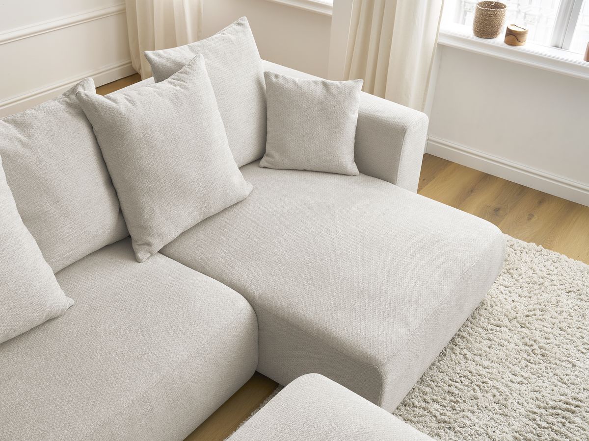 Bobochic Sidonie Ecksofa mit Schlaffunktion und Bettkasten und Pouf Melange-Stoff Beige