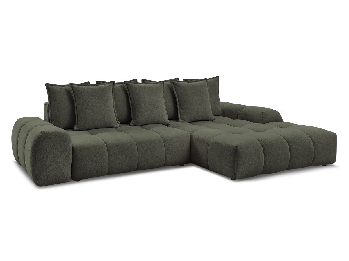 Bobochic Everest Ecksofa mit Schlaffunktion und Bettkasten 318 × 180 cm, 7 Kissen Melange-Stoff Grün Ecke rechts