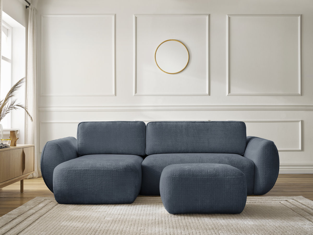 Bobochic Denise Ecksofa mit Schlaffunktion und Bettkasten und Pouf 258 × 160 cm Strukturstoff Dunkelblau Ecke links