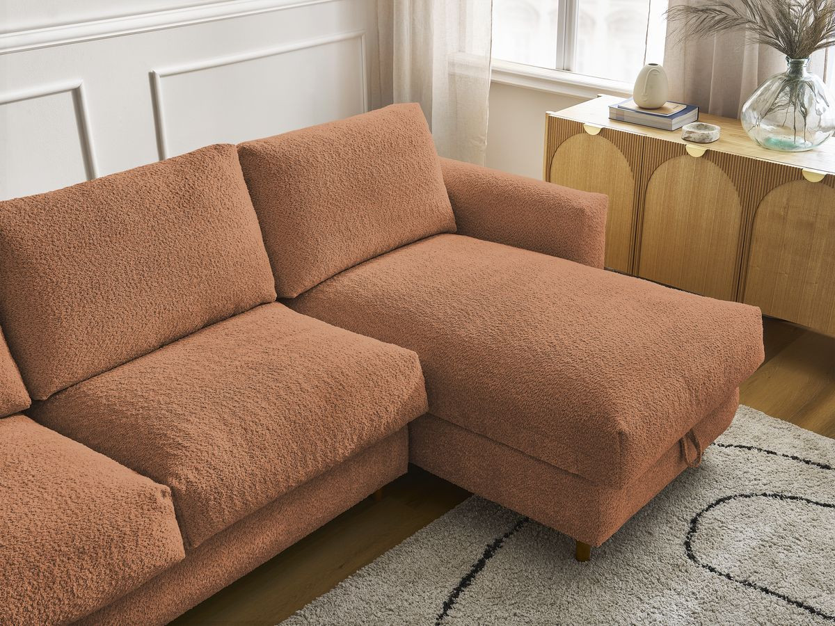 Bobochic Cocoone Ecksofa mit Schlaffunktion und Bettkasten Bouclé-Stoff Orange, Liegefläche 140 × 200 cm