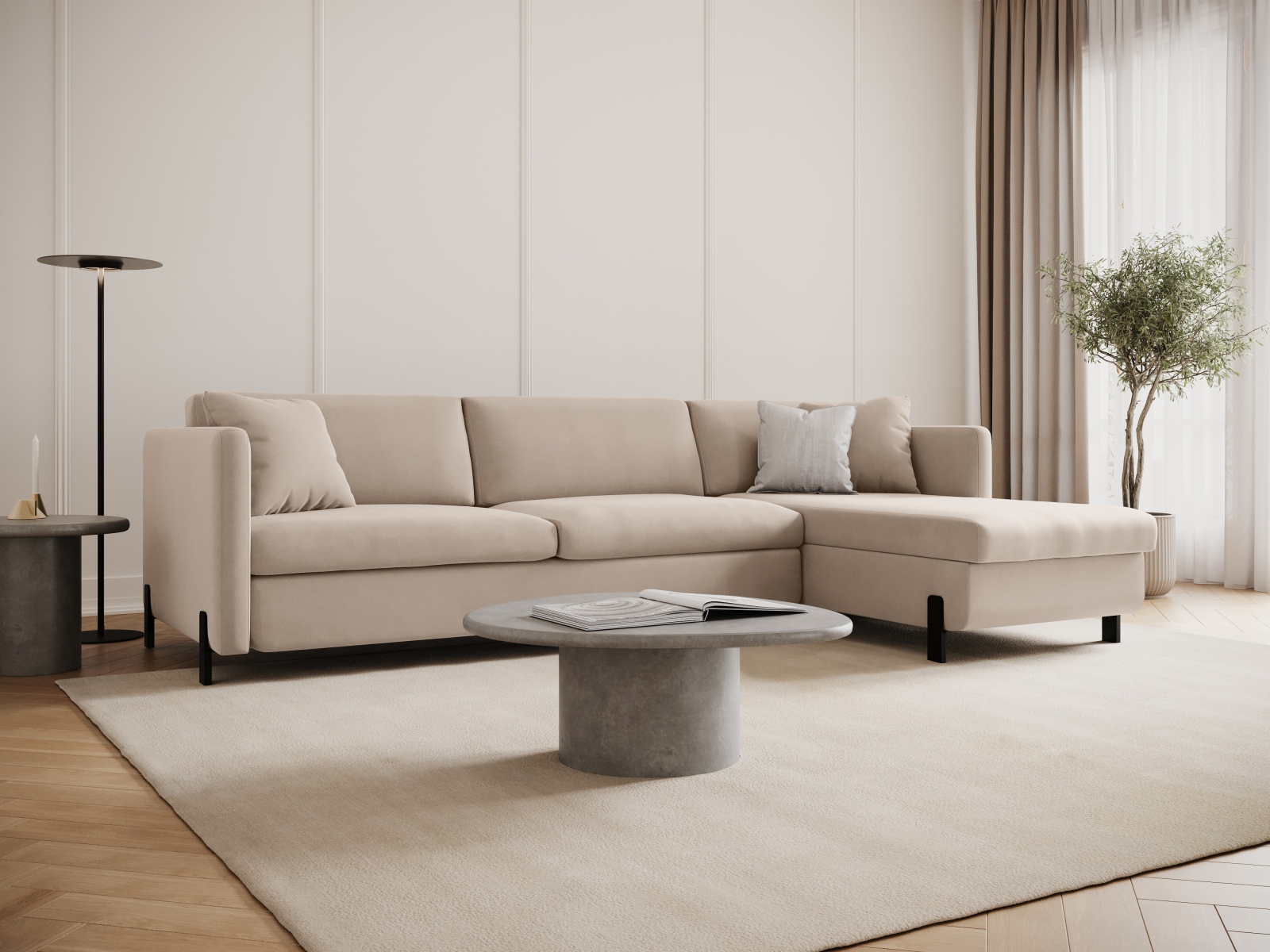 Micadoni Schlaf-Ecksofa Gloria 5-Sitzer Rechts Samt Beige 205x160