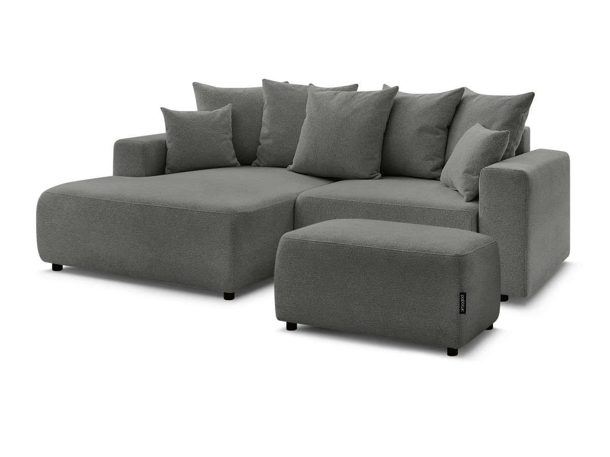 Bobochic Atilla Ecksofa mit Schlaffunktion und Bettkasten und Pouf Melange-Stoff Dunkelgrau Ecke links