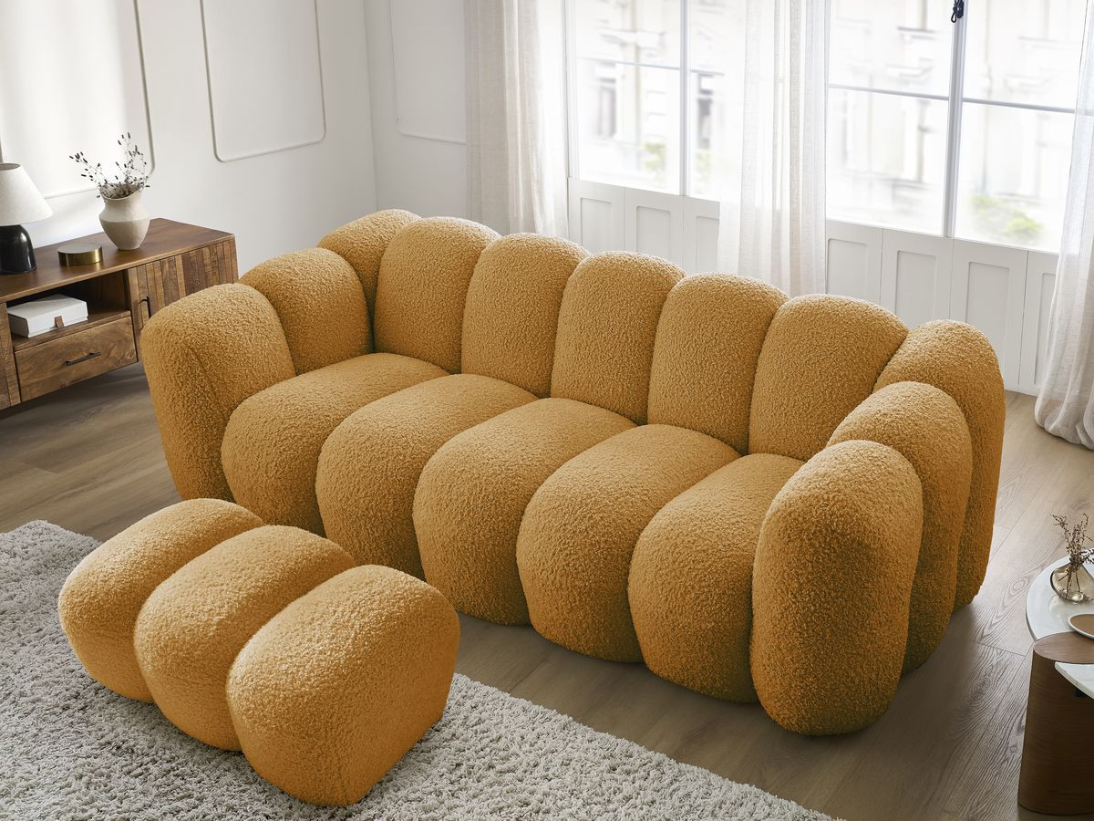Bobochic Hippolyte Sofa 3-Sitzer mit Pouf Bouclé-Stoff Gelb
