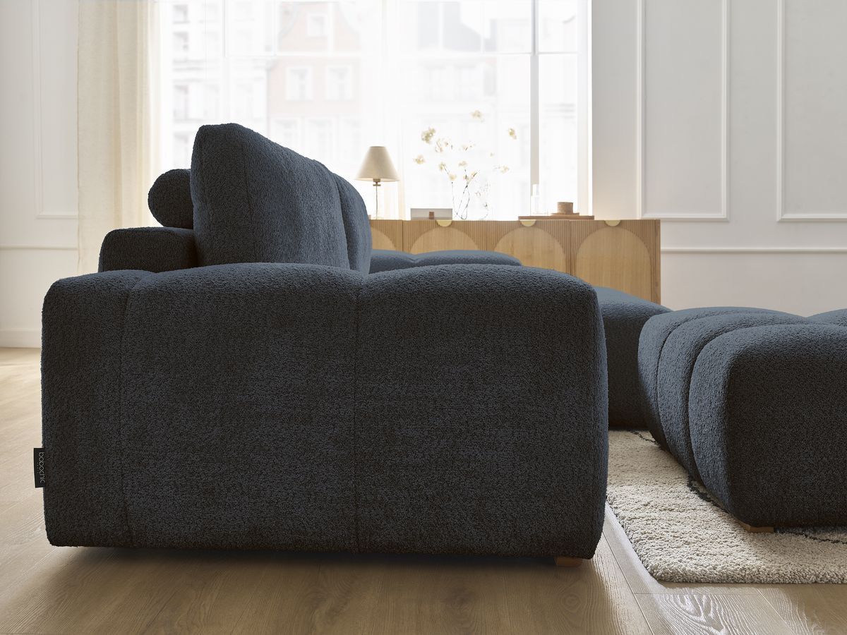 Bobochic Anakin Ecksofa mit Pouf, 2 Kissen Bouclé-Stoff Dunkelblau