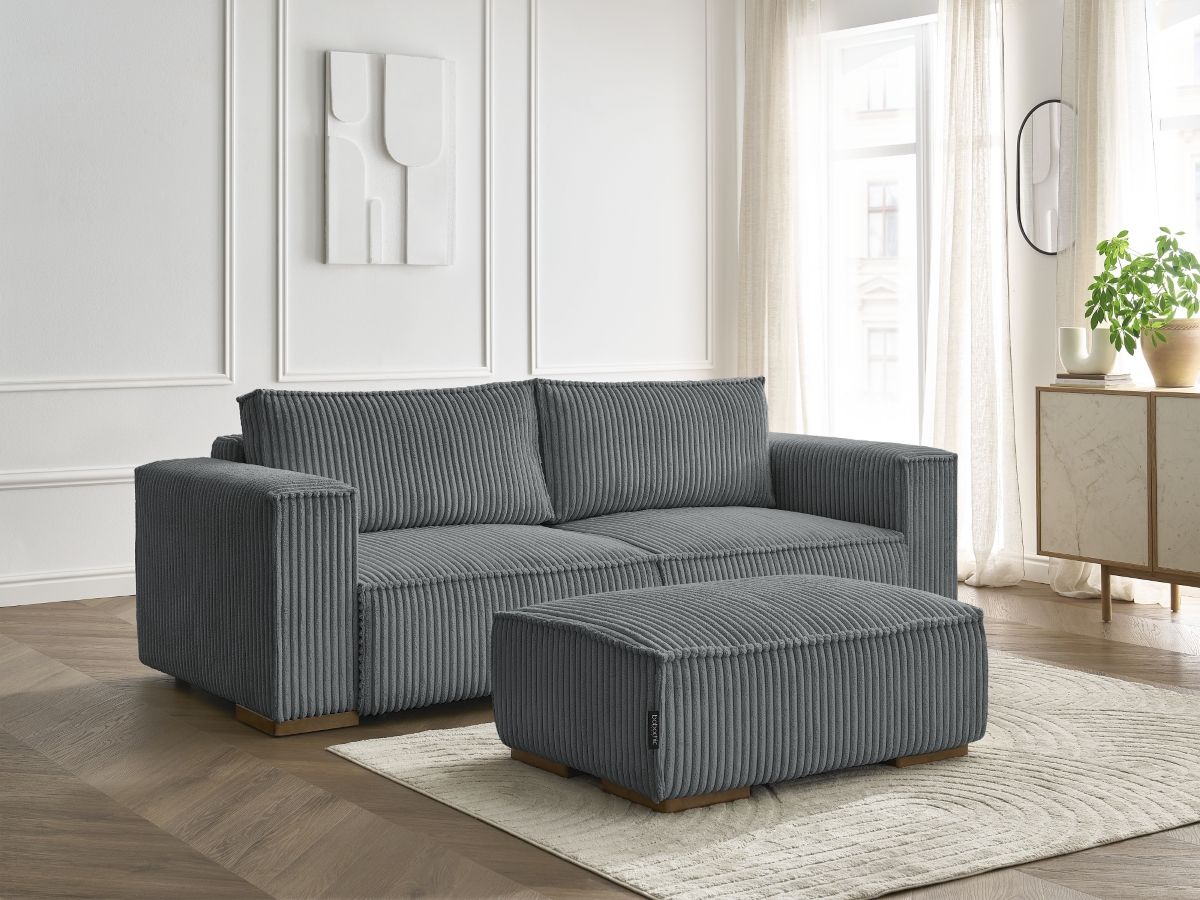 Bobochic Chelsea Schlafsofa 4-Sitzer mit Bettkasten und Pouf Breitcord weich Dunkelgrau