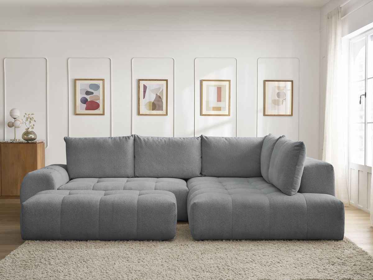 Bobochic Everest Ecksofa mit Schlaffunktion und Bettkasten und Pouf 320 × 212 cm, 10 Kissen Melange-Stoff Dunkelgrau Ecke rechts