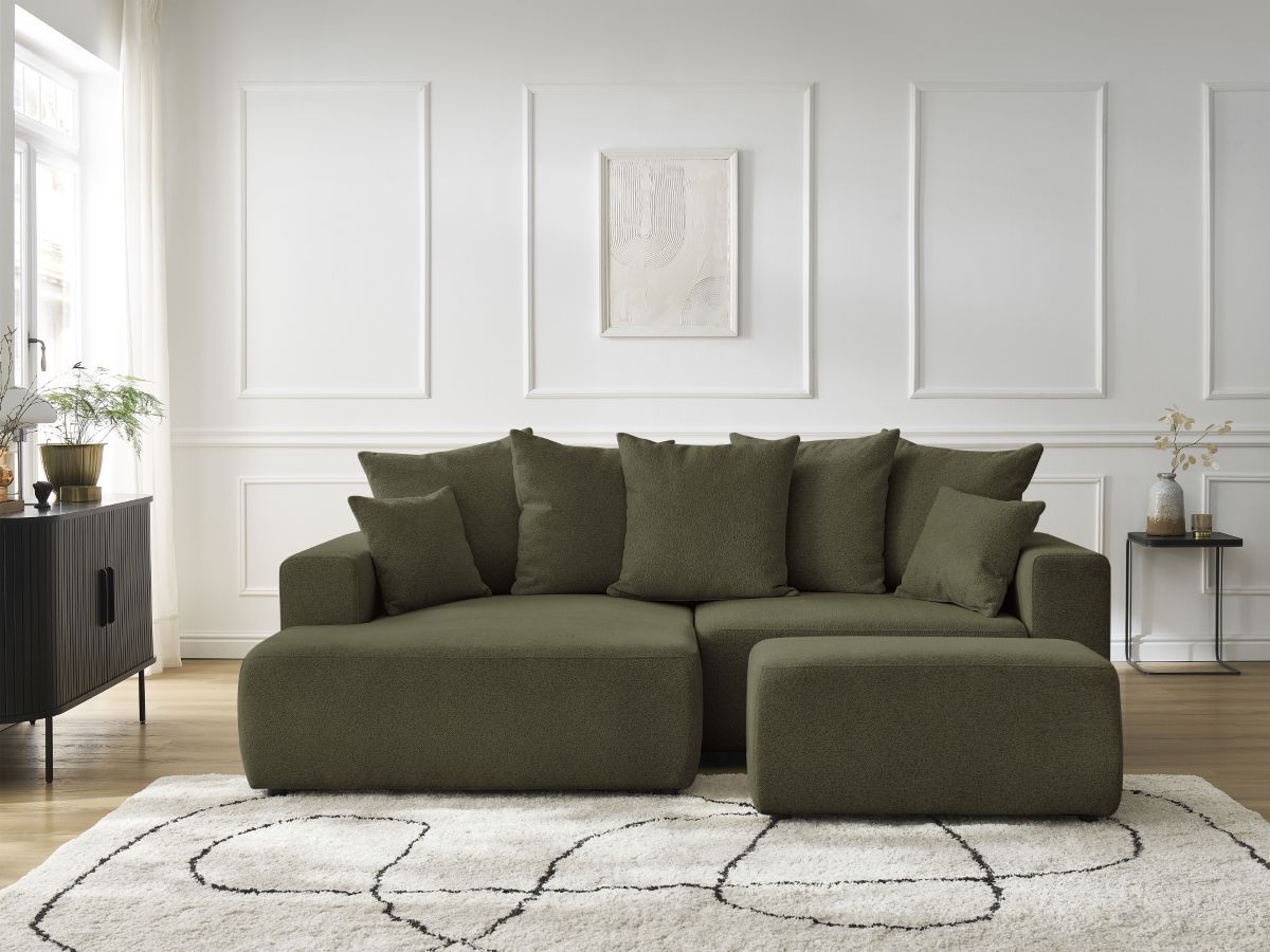 Bobochic Atilla Ecksofa mit Schlaffunktion und Bettkasten und Pouf Melange-Stoff Grün Ecke links