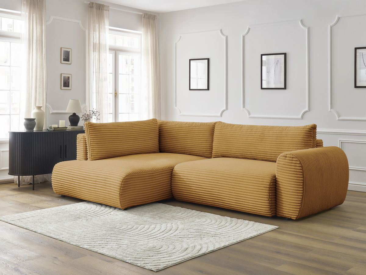 Bobochic Lucien Ecksofa mit Schlaffunktion und Bettkasten 296 × 198 cm Breitcord weich Gelb Ecke links