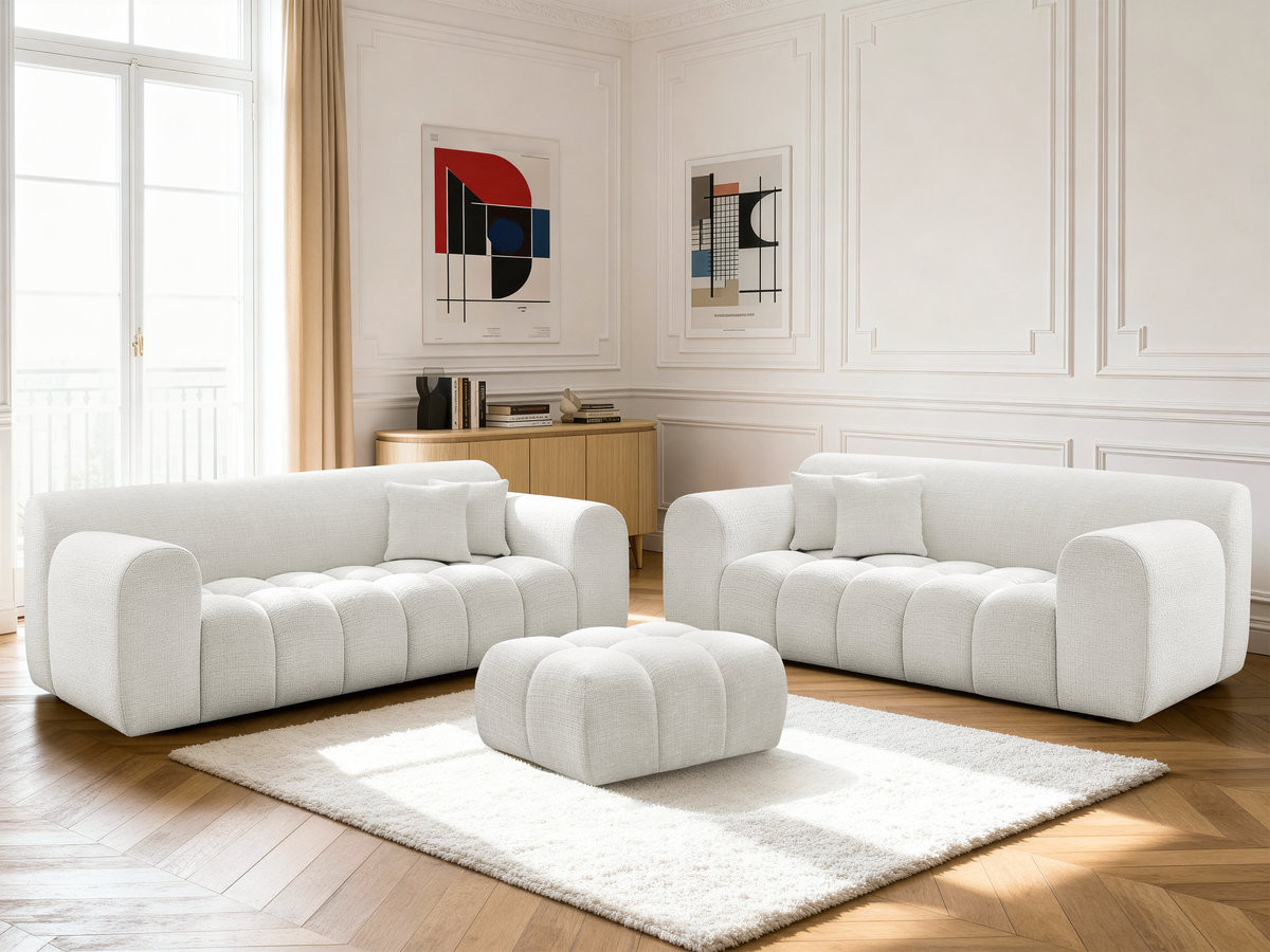 Bobochic Melisse Sofa 5-Sitzer mit Pouf Strukturstoff Weiß