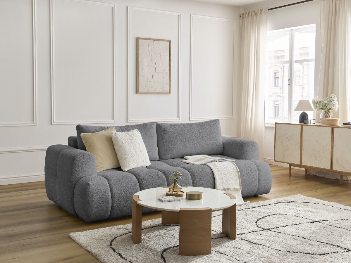 Bobochic Fuji Schlafsofa 3-Sitzer mit Bettkasten Bouclé-Stoff Dunkelgrau