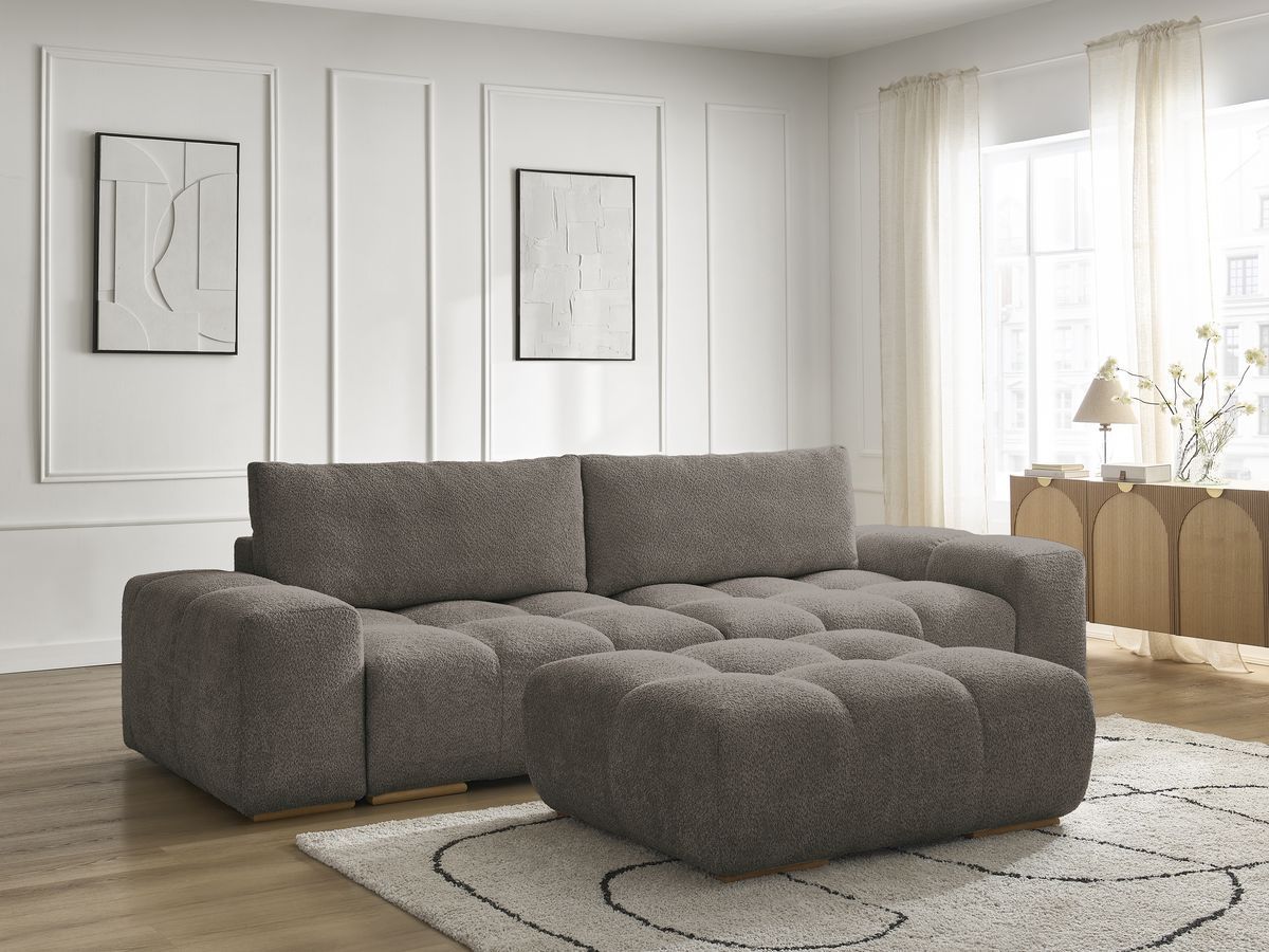 Bobochic Anakin Sofa 3-Sitzer mit Pouf, 2 Kissen Bouclé-Stoff Braun
